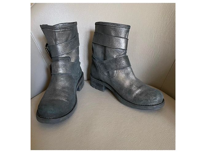 Autre Marque Biker Stiefeletten Silberne Leder 38 Metallisch Anthrazitgrau - Ansicht 10