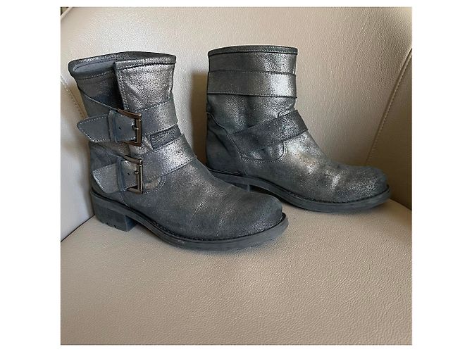 Autre Marque Biker Stiefeletten Silberne Leder 38 Metallisch Anthrazitgrau - Ansicht 11