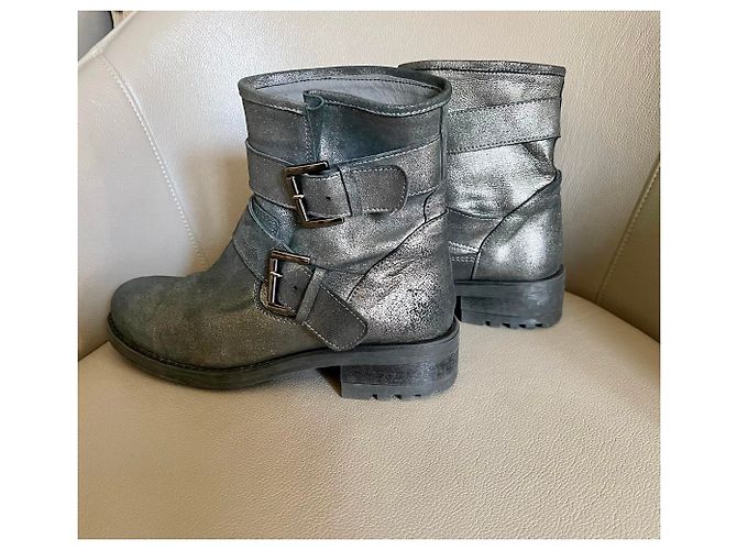 Autre Marque Biker Stiefeletten Silberne Leder 38 Metallisch Anthrazitgrau - Ansicht 12