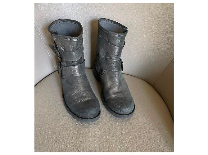 Autre Marque Biker Stiefeletten Silberne Leder 38 Metallisch Anthrazitgrau - Ansicht 6
