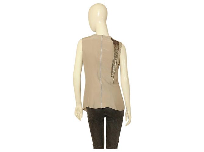 Helmut Lang Beige Draped Longer Front Sequined Silk Sleeveless Blouse Top M - view 2