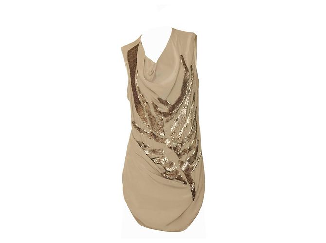 Helmut Lang Beige Draped Longer Front Sequined Silk Sleeveless Blouse Top M - view 3