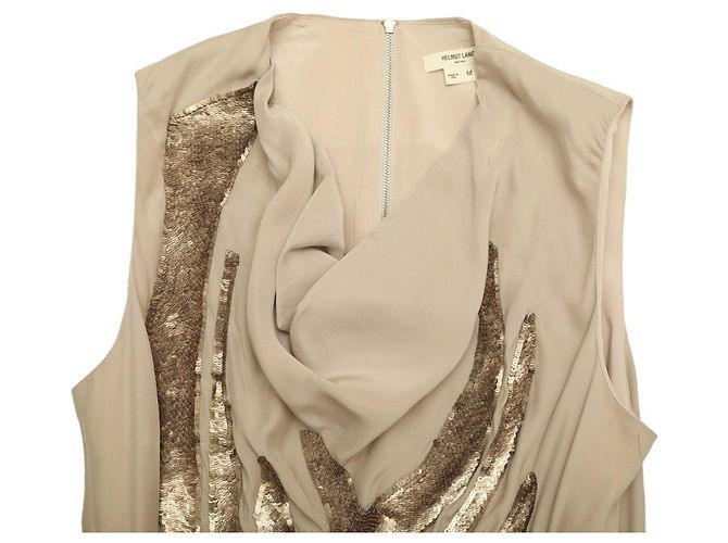 Helmut Lang Beige Draped Longer Front Sequined Silk Sleeveless Blouse Top M - view 8