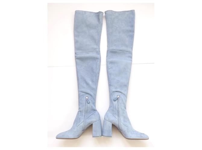 Prada Fall 2015 Botas sobre la rodilla de ante azul claro - vista 2