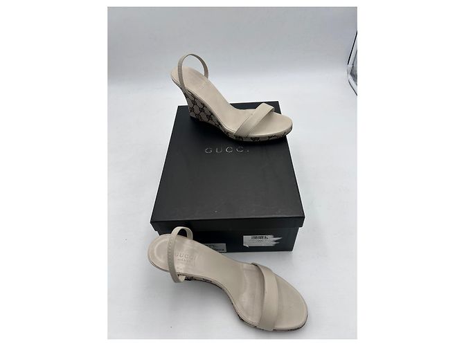 Sandali con Zeppa Gucci Rigati in Tela e Pelle Beige Bianco sporco - vista 2