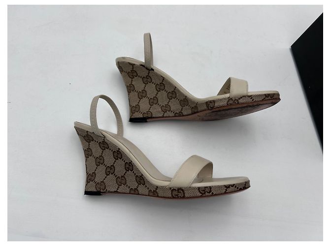 Sandali con Zeppa Gucci Rigati in Tela e Pelle Beige Bianco sporco - vista 4