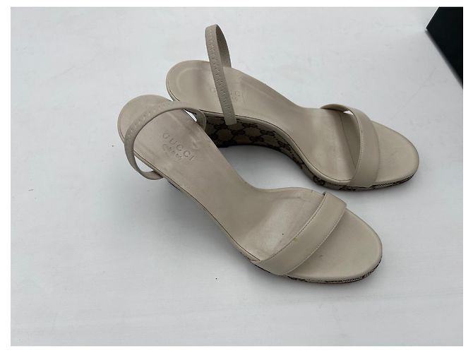 Sandali con Zeppa Gucci Rigati in Tela e Pelle Beige Bianco sporco - vista 6