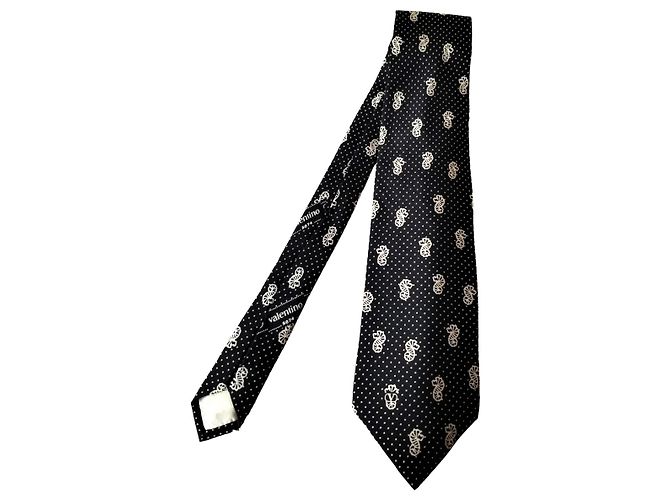 Cravatta Valentino in seta nera e bianca con motivo cavallucci marini Nero Bianco - vista 3