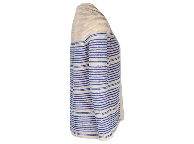Timeless Chanel Metallic-gestreifter Cardigan aus beigem Leinen - Ansicht 3