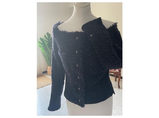 Veste Chanel en laine bleu marine gris et marron Gris anthracite Marron foncé - vue 2