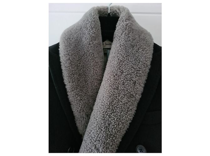 Manteau Paul Smith en laine noire avec col en fausse fourrure grise - vue 2