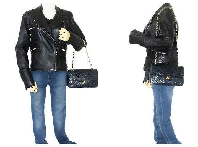 CHANEL NAVY Patta classica foderata 9"Borsa a tracolla con catena Pelle di agnello Blu navy - vista 12