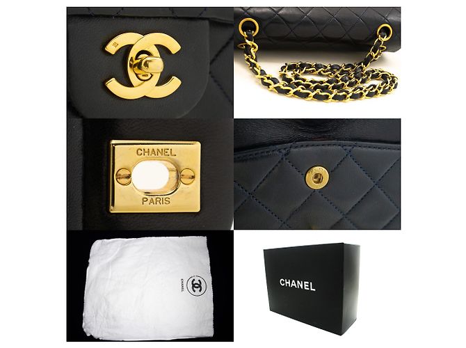 CHANEL NAVY Patta classica foderata 9"Borsa a tracolla con catena Pelle di agnello Blu navy - vista 7