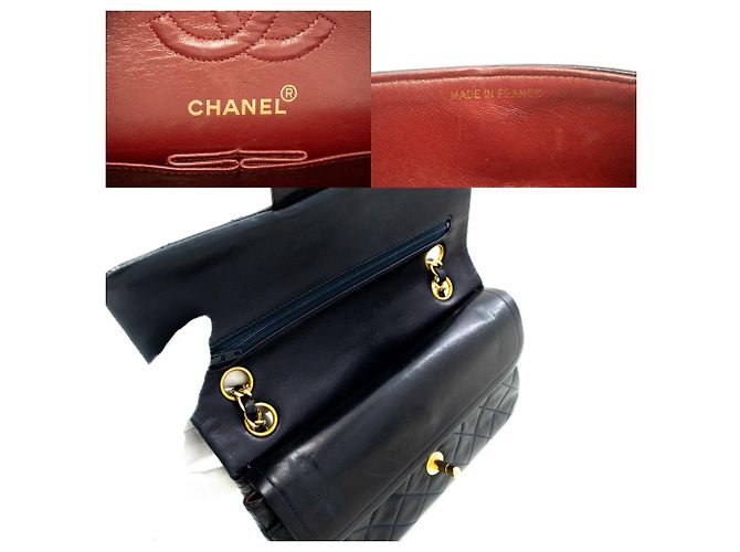 CHANEL NAVY Patta classica foderata 9"Borsa a tracolla con catena Pelle di agnello Blu navy - vista 8
