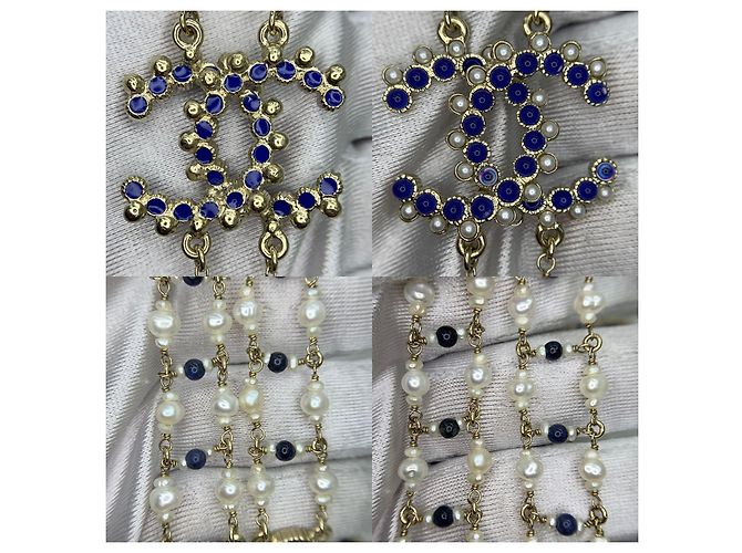 Chanel CC A19Etichetta con collana di perle blu e cristalli con logo C - vista 5