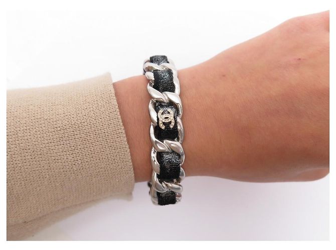 PULSERA CHANEL CON LOGO CC STRASS 2013 CADENA ENTRELAZADA DE TERCIOPELO 26CORREA BRAZALETE CM Plata - vista 8