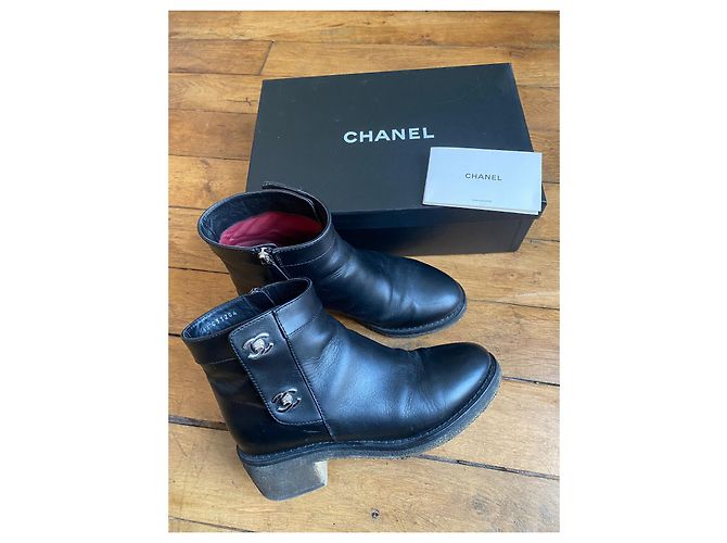Chanel Leather Ankle Boots Black C Logo - view 2