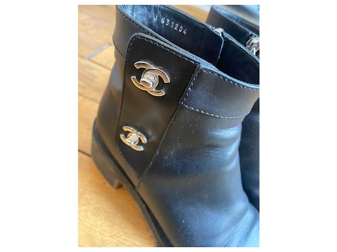 Chanel Leather Ankle Boots Black C Logo - view 3