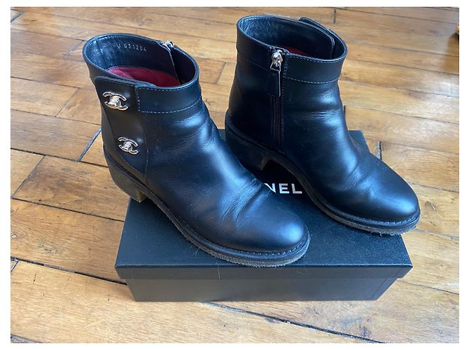 Chanel Leather Ankle Boots Black C Logo - view 7