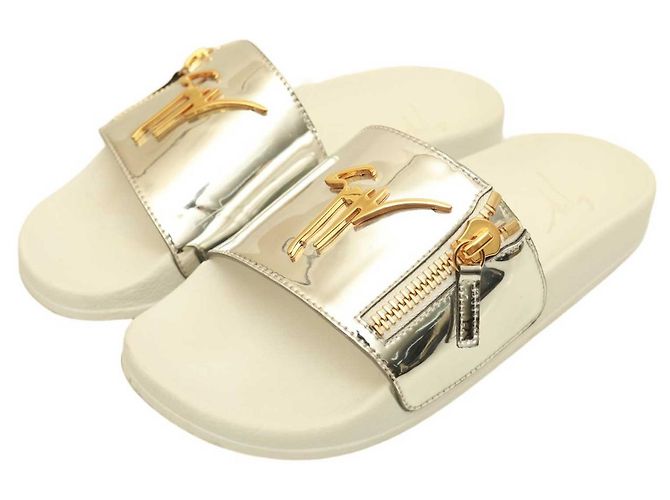 Giuseppe Zanotti Brett Logo Silver Leather Zip Slides Sandalen Schuhgröße 39 Silber - Ansicht 2