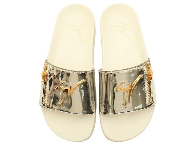 Giuseppe Zanotti Brett Logo Silver Leather Zip Slides Sandalen Schuhgröße 39 Silber - Ansicht 7