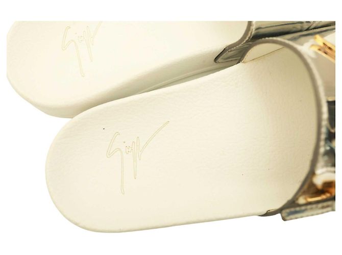 Giuseppe Zanotti Brett Logo Silver Leather Zip Slides Sandalen Schuhgröße 39 Silber - Ansicht 9