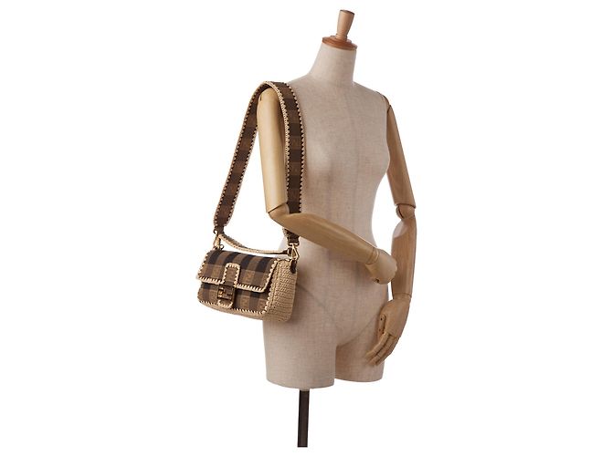 Fendi Borsa in tela Pequin marrone e rafia - vista 12