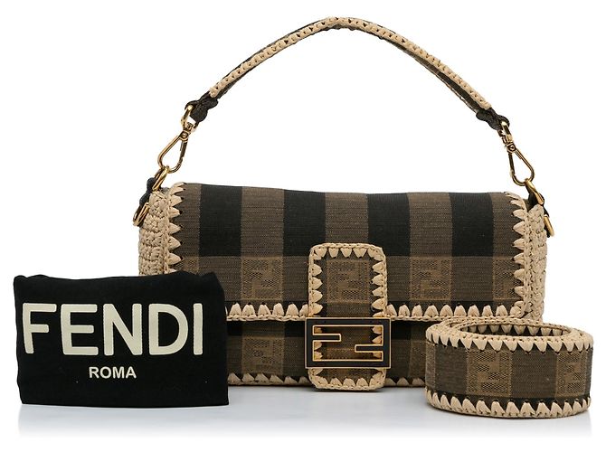 Fendi Borsa in tela Pequin marrone e rafia - vista 13