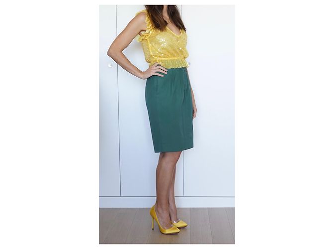 Falda midi plisada de algodón verde Yves Saint Laurent - vista 2
