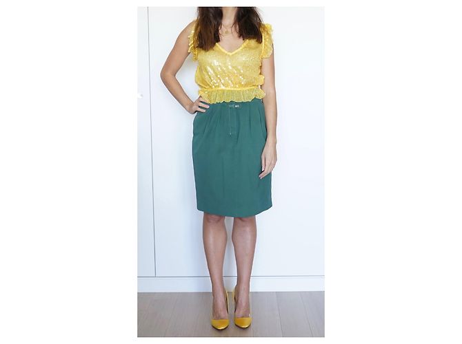 Falda midi plisada de algodón verde Yves Saint Laurent - vista 3