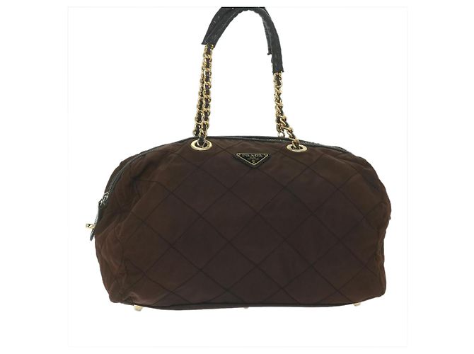 Borsa Boston PRADA in nylon con catena, marrone e oro, autentica bs10311 D'oro - vista 2