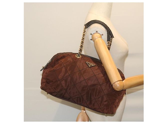 Borsa Boston PRADA in nylon con catena, marrone e oro, autentica bs10311 D'oro - vista 22