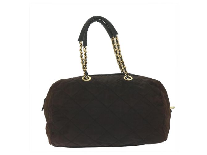 Borsa Boston PRADA in nylon con catena, marrone e oro, autentica bs10311 D'oro - vista 3