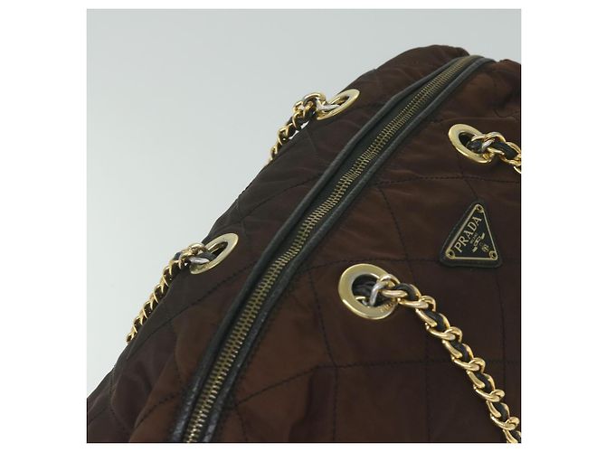 Borsa Boston PRADA in nylon con catena, marrone e oro, autentica bs10311 D'oro - vista 6