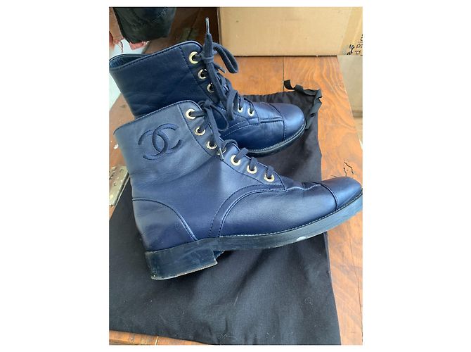 Chanel lace-up leather ankle boot 37 Navy blue - view 3