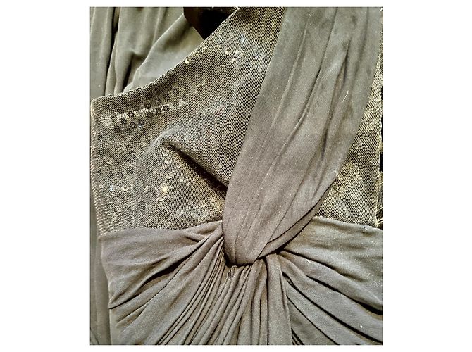 Vera Wang Drapiertes schwarzes Abendkleid mit Spitzeneinsätzen - Ansicht 10