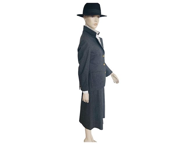 Conjunto Céline casaco e saia-calça de lã cinza escuro Cinza antracite Gold hardware - vista 3