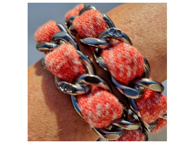 Bracciale rigido CHANEL in metallo con logo CC in tessuto arancione Argento - vista 5