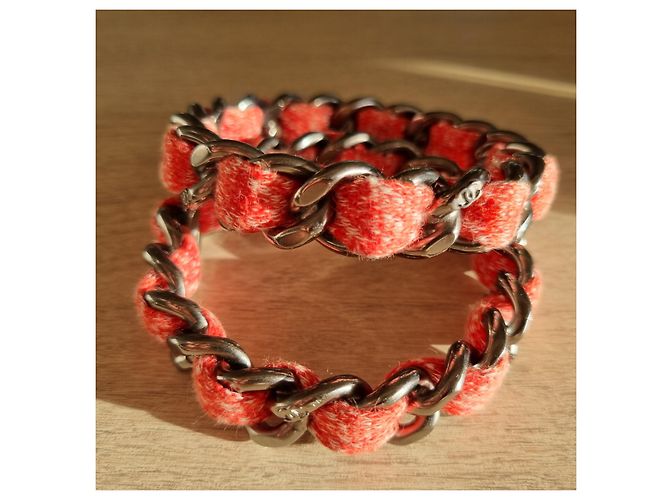 Bracciale rigido CHANEL in metallo con logo CC in tessuto arancione Argento - vista 6