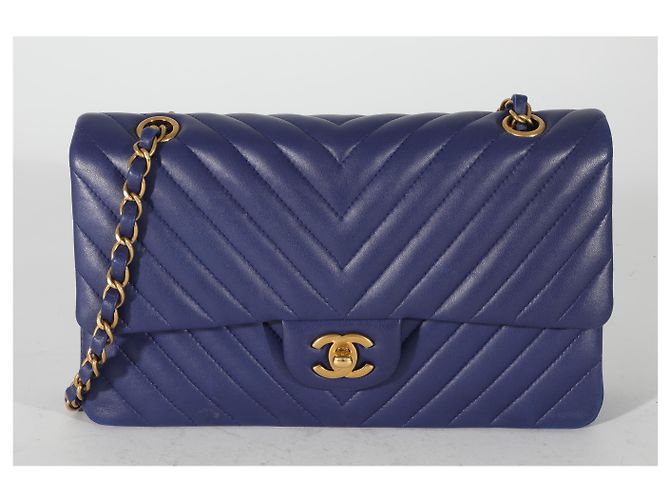 Timeless Chanel Navy Chevron medio classico foderato con patta Blu - vista 6