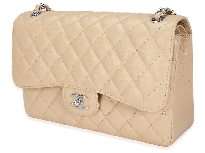 Timeless Bolsa Chanel Bege Acolchoada Caviar Jumbo Classic forrada com aba Marrom - vista 3