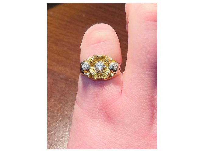 Autre Marque Vecchio anello in oro giallo e bianco 18 carati con 3 Pietre Bianche. Argento D'oro - vista 4