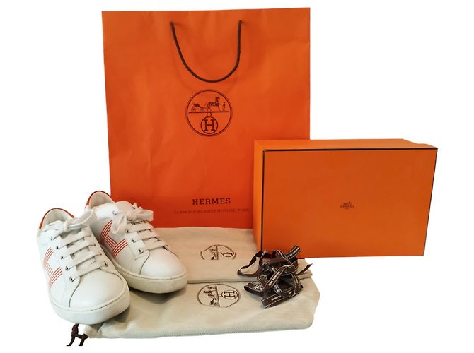 Sneakers Hermès Avantage in pelle bianca e arancione Bianco - vista 3