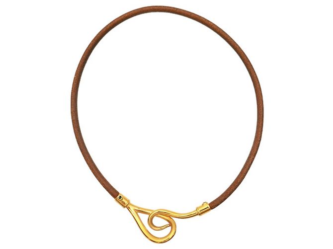 Set di collana girocollo e bracciale Hermès Jumbo Hook & Loop in pelle marrone chiaro dorata - vista 10