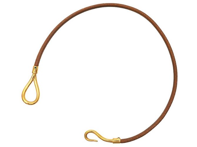 Set di collana girocollo e bracciale Hermès Jumbo Hook & Loop in pelle marrone chiaro dorata - vista 11