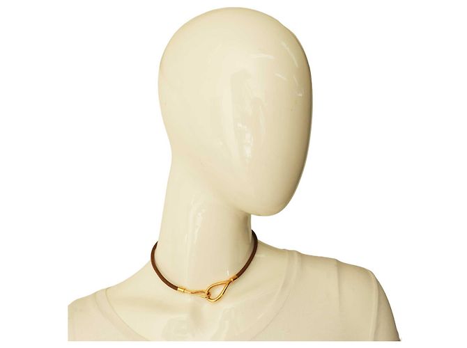 Set di collana girocollo e bracciale Hermès Jumbo Hook & Loop in pelle marrone chiaro dorata - vista 13