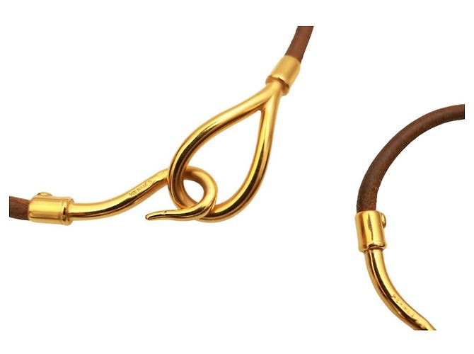 Set di collana girocollo e bracciale Hermès Jumbo Hook & Loop in pelle marrone chiaro dorata - vista 2