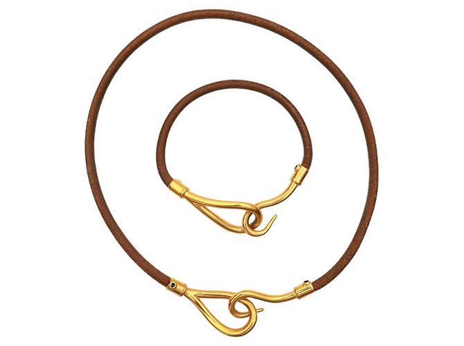 Set di collana girocollo e bracciale Hermès Jumbo Hook & Loop in pelle marrone chiaro dorata - vista 3