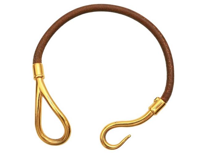 Set di collana girocollo e bracciale Hermès Jumbo Hook & Loop in pelle marrone chiaro dorata - vista 6