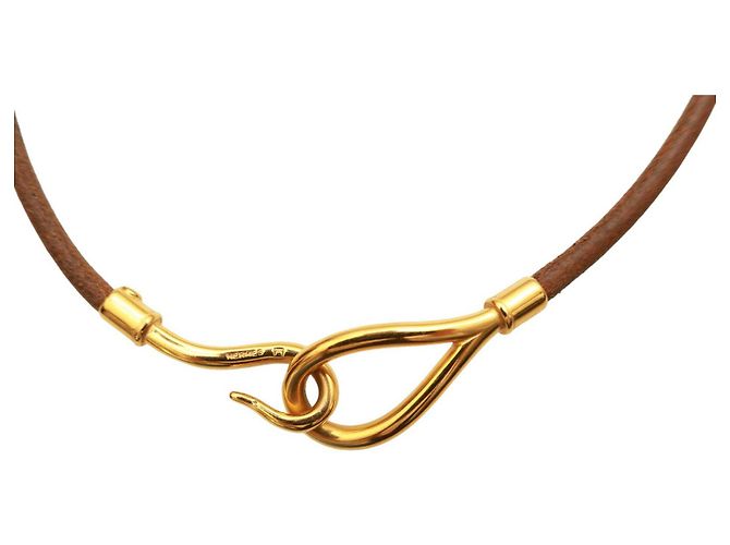 Set di collana girocollo e bracciale Hermès Jumbo Hook & Loop in pelle marrone chiaro dorata - vista 9